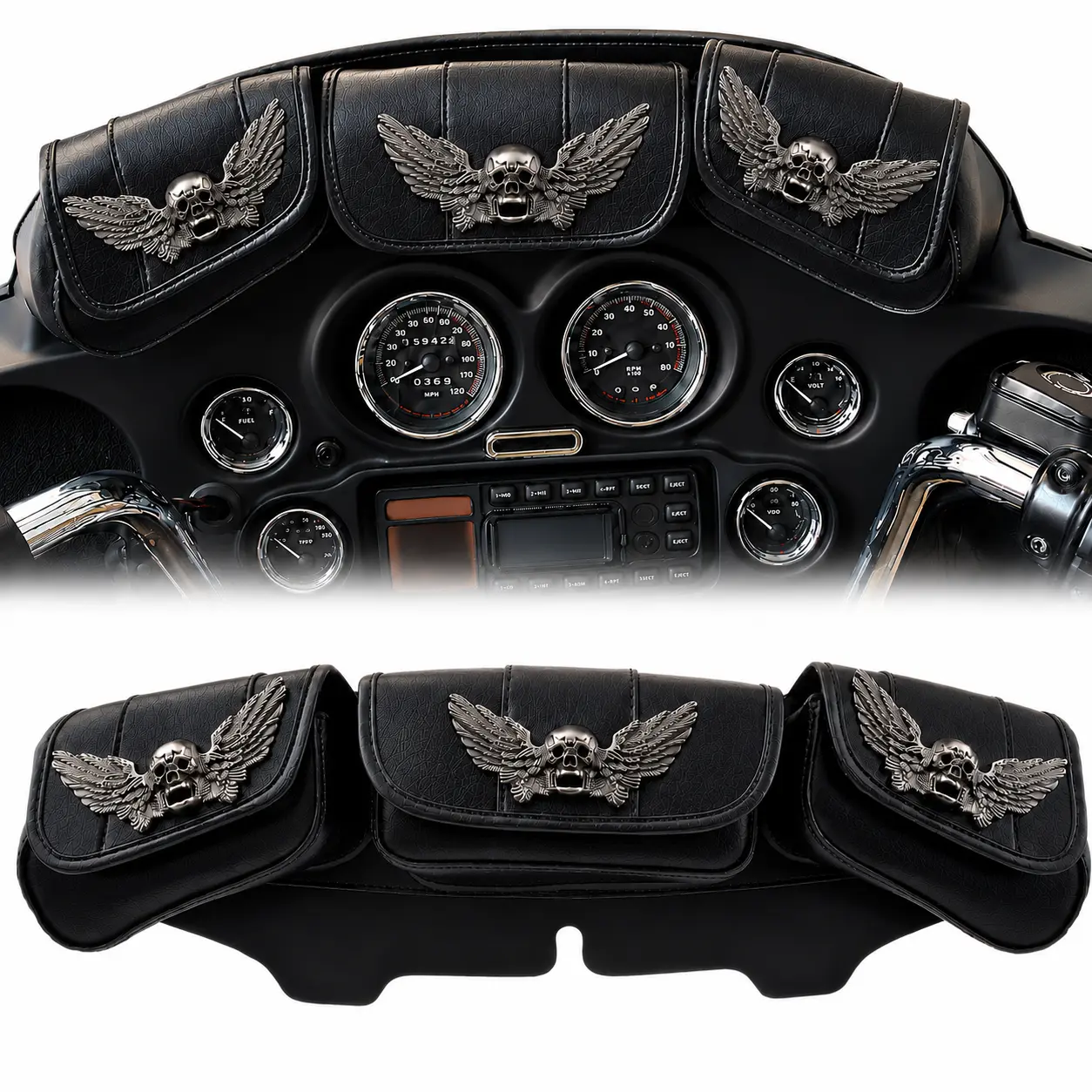 3-Pocket Windshield Fairing Bag for Harley Touring Electra Glide Street Glide Tri Glide 1996-2013, Black Front Batwing Fairing Storage Pouch with Skull Accent