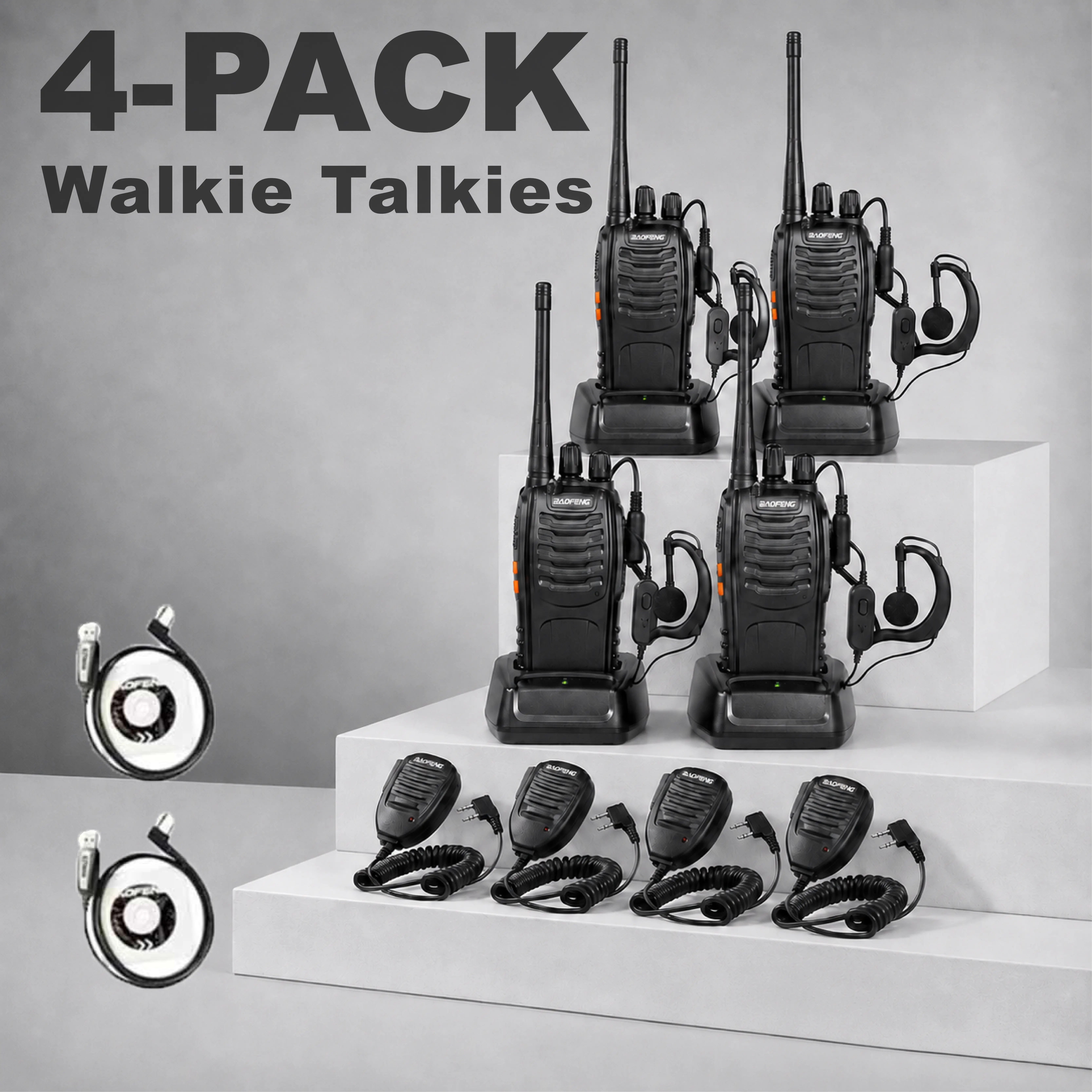 4pcs BF-888S Handheld Intercom Set 4 Pack Walkie Talkie 16 Channels Rechargeable Two Way Radios with Earphones Micro for Adults Long Range Portable Communication