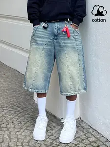 Men's Straight Leg Denim Shorts, Casual Loose Fit Seven-Quarter Jeans, Plain Light Blue, Comfortable Fashion Design, All Seasons Wear