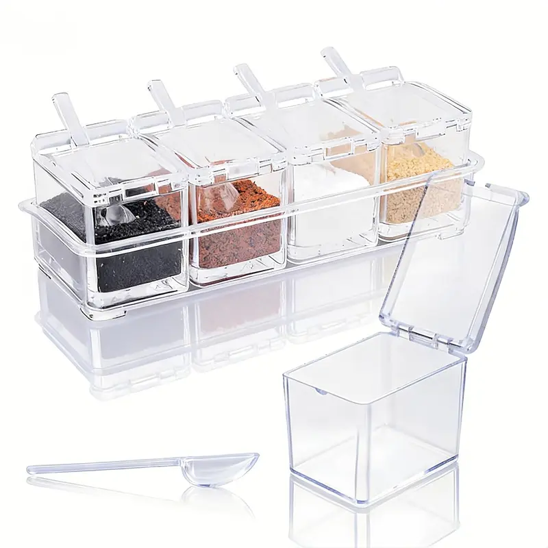 4-Piece Sturdy Transparent Acrylic Spice Jar Set - Containers with Lids, Spoons, Space-Saving Tray, Rack, Waterproof Reusable Kitchen Seasoning Utensils, 8.66*2.95*3.03 inches Small Storage for Home Salt, Pepper