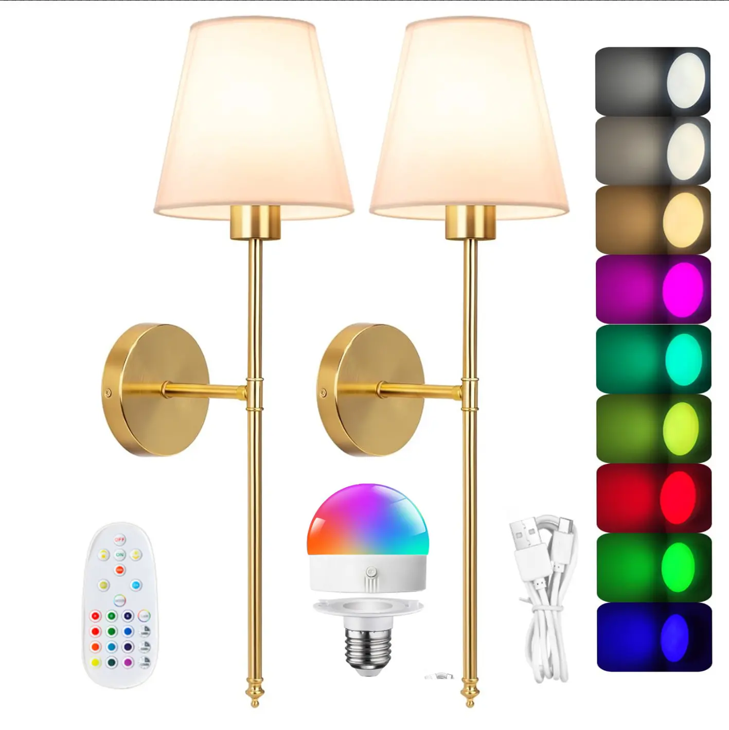 2-Pack Wireless Wall Sconces with Rechargeable Color-Changing Bulbs, Dimmable Battery-Operated LED Wall Lamps, Modern Mood Lighting for Bedroom Decor, Hallway,campingessentials,outdoorfurnitureset,campinggear