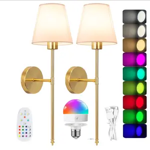 Wireless Wall Sconces Set of 2 with Rechargeable Color Changing Bulbs, Dimmable Battery Operated Wall Lights for Bedroom, Living Room, Hallway