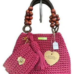 Tere Crochet Handbag with Beaded Handles and Gold Charm Pink Tejida a Crochet