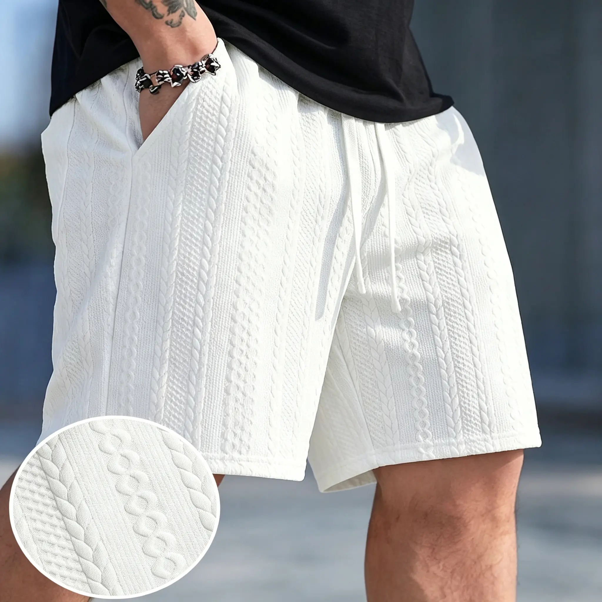 Men’s White Cable Knit Textured Shorts, Elastic Drawstring Waist with Functional Pockets, Soft & Breathable Fabric, Versatile Casual Bottoms to Elevate Your Modern Mensfashion and Summer Outfits