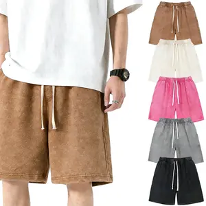 4PCS Summer  Men's Retro Washed Hip Hop Streetwear Shorts Unisex Sweatshorts Elastic Loose Fit Jogger Shorts Oversize Beige Casual