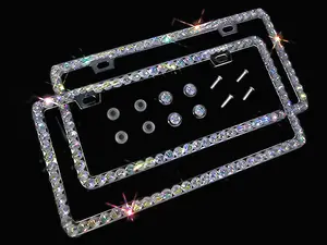 Dazzling Addiction 2 3D Bling License Plate Frames Big Chunky Rhienstones Clear AB Rainbow Made in USA Handmade 1 Row Holder Screw Caps Personalizable Customizable Customized White Bedazzled Sparkly Shimmering for Girls and Women 2 Holes Crystals Diamond