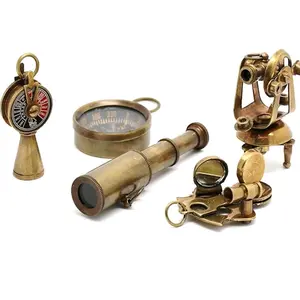 Set of 5 Brass Miniature Nautical Replicas–Vintage-Style Telescope, Compass, Sextant, Theodolite & Telegraph–Steampunk Decor & Collectible Gift Set for Teens, Adventure Seekers & Maritime Enthusiasts