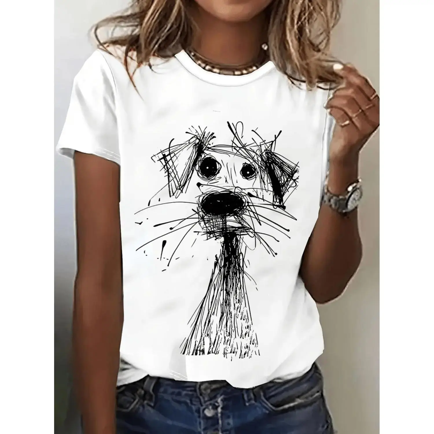Women's Classic Crew Neck Shortleeve T-Shirt - Breathable Cotton Blend, Relaxed Cut, Geometric Dog Graphic, Herringbone, Clean Print, Chic, Full Size Range, Casual Everyday Wear, Shortsleeve, Round Neck