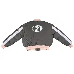 Striped Nylon Cropped Bomber Jacket with Embroidered Logo Rose Gold Zipper