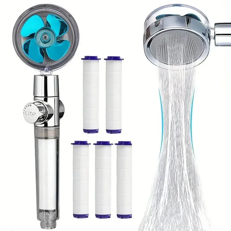 High-pressure Turbo Fan Shower Head with 5 Replacement Filters, 360° Rotating Handheld Shower Heads, Bathroom Accessory for Home Hotel Half Glass Show