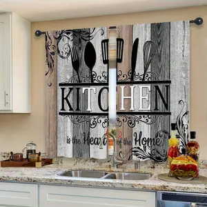 [Vintage Kitchen Curtains] 2pcs Vintage Polyester Kitchen Curtains - "Kitchen is the Heart of the Home" Design with Cutlery & Floral Patterns, Semi-Transparent Fabric for Kitchen, Bedroom, Living Room Decor |   Kitchen Window Curtains