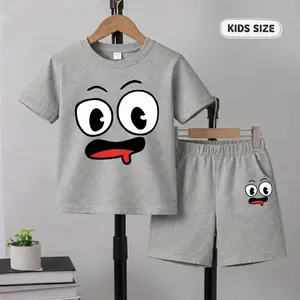 Boys’ Cute Cartoon Face Printed Design Short Sleeve T-Shirt And Shorts Set, Casual Kids Summer Outfit, Comfortable Crew Neck Clothing Set For Daily Wear And Outdoor Play