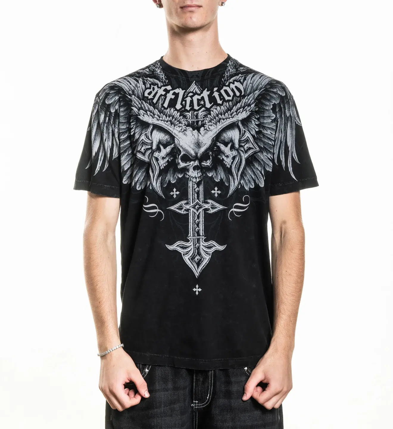 Affliction Men's Death Eyes Short Sleeve Graphic Print Tee in 100% Soft Cotton with a Black Lava Wash, Gothic Illustration Men's Short-Sleeve T-Shirts, Skeleton Skull Graphic Men's Short-Sleeve T-Shirts