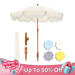 Phivilla 7ft Patio Beach Umbrella with Fringe, UPF 50+ Canopy, 8 High Wind Proof Fiberglass Ribs, Fully Assembled, Carry Bag Available Outdoor Aesthetic Round, Mother's Day Gift