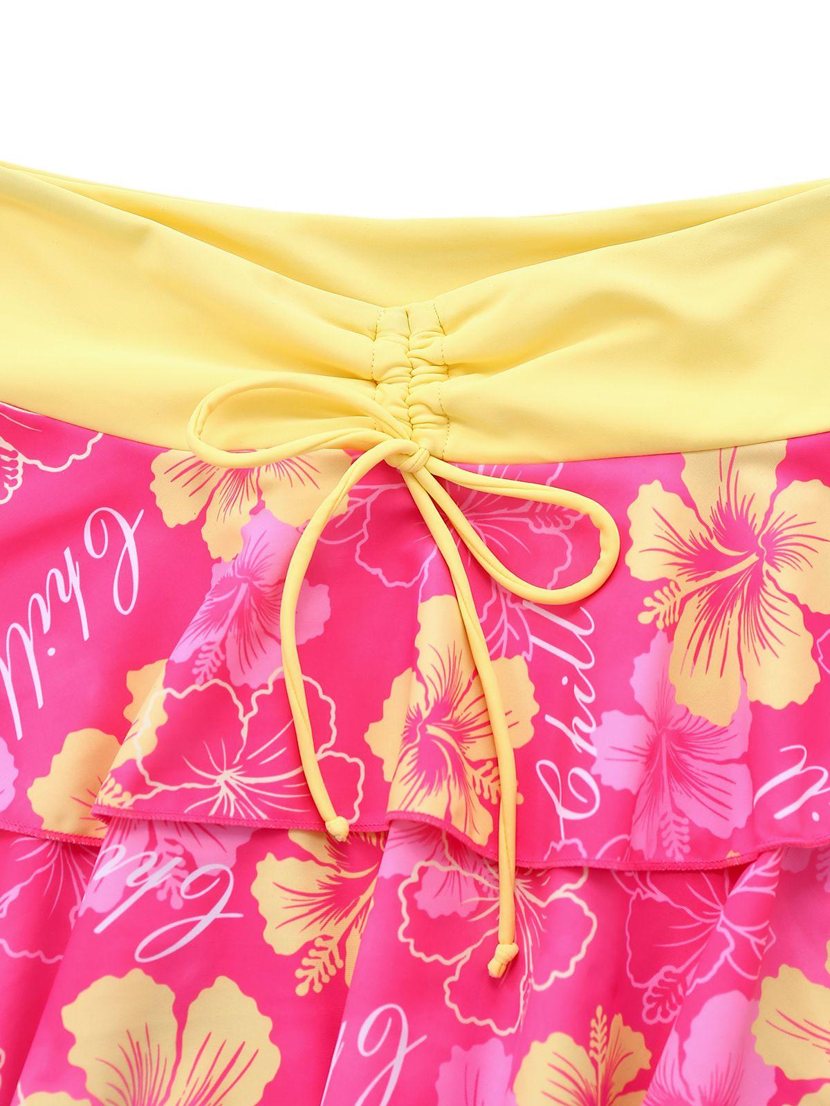 Pink 1960s Tropical Floral Print Tie-Front Layered Hawaii Bikini Set
