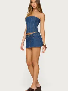 Edikted Camelia Denim Mini Skort - 100% Cotton Fabric, Machine Washable, Tumble Dry Low, Iron at 110ºC, Not Dry Clean