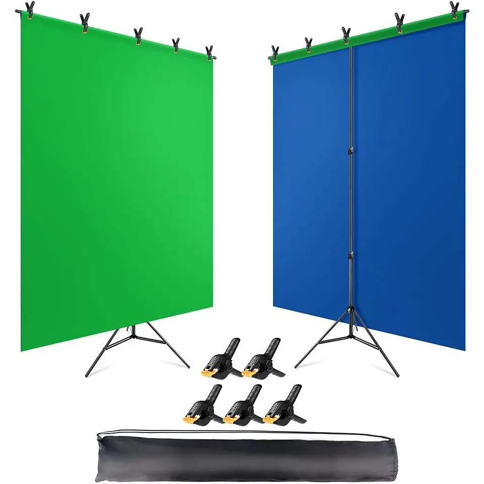Blue Green Screen Backdrop with Stand, 6.5x5ft (H x W), Portable 2-in-1 T-Shaped Design, Includes Clips & Carry Bag for Streaming Zoom Photography