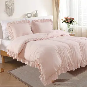 Ruffle Duvet Cover Twin Size,2pc Farmhouse Shabby Vintage Ruffled Bedding Set French Country Comforter Cover Aesthetic Soft Quilt Cover Set, Pink