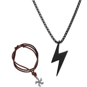 Stainless Steel Black Gold Silver Tone Lightning Bolt Pendant Necklace for Women Men with Pocountorn Chain