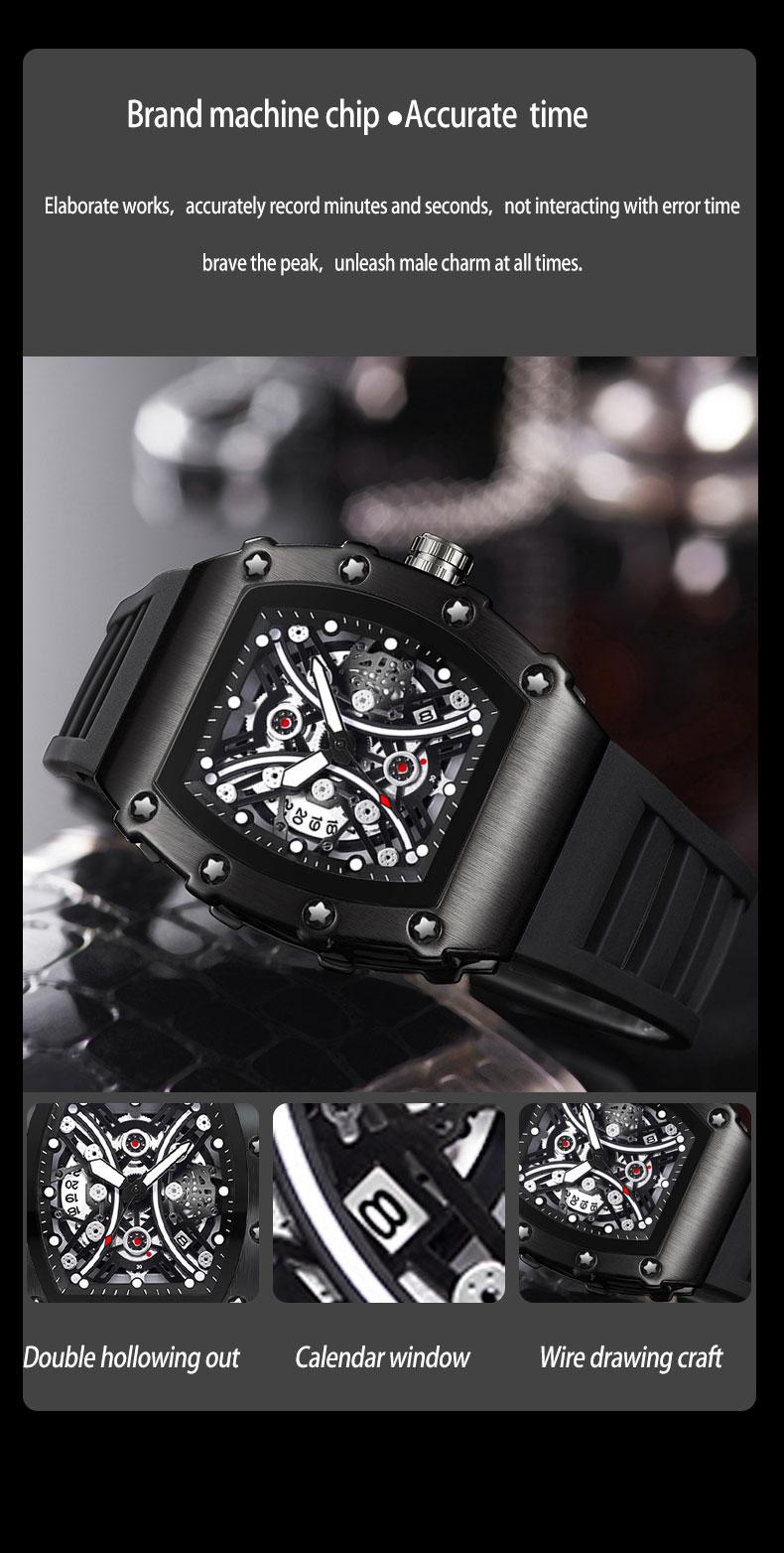 Men's Red Carbon Fiber Skeleton Tonneau Watch, Black Silicone Band, Sporty Quartz Wristwatch Men's Red Carbon Fiber Skeleton Tonneau Watch, Black Silicone Band, Sporty Quartz Wristwatch