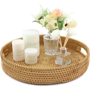 Handwoven Rattan Round Serving Tray, Natural Wicker Decorative Tray for Serving Bamboo Tableware Decoration Durable bread basket house organizers