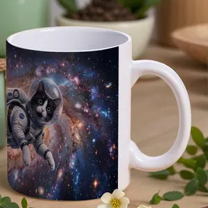 11oz Porcelain Ceramic Reusable Coffee Mug - Astronaut Cat Space Theme Whimsical Art Drink Cup, Durable Washable Home Supply, Gift for Cat Lovers, Office Decor