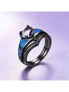 Womem Blue Fire Opal Rings with Heart Cubic Zircon Ring for lady and Valentine Wedding Gifts
