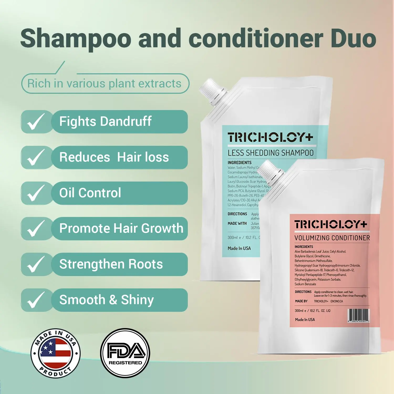 [Hair Care Set]Tricholoy - Anti-Hair Fall & Less Shedding & Volumizing Shampoo and Conditioner | Biotin, Arginine & Oleanolic Acid | Strengthens Roots | Promotes Hair Growth | Oil Control & Scalp Nourishment | 300ML