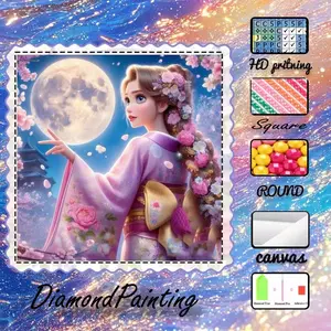 5D-DIY, high-grade velvet canvas, diamond art, diamond painting kit, kimono girl, cherry blossoms, full moon AB diamonds, fairy dust diamonds, crystal diamonds, perfect home decoration, handmade diamond art painting kit, special craft diamond art kit.