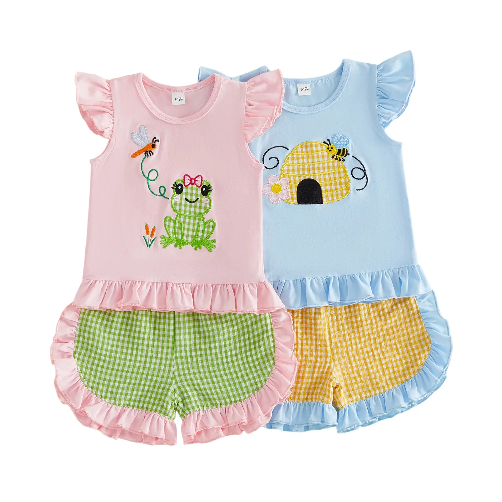 Toddler Baby Little Girls Summer Outfits Bee Flower Embroidery Flying Sleeve Tops and Plaid Shorts Set 6M-4T