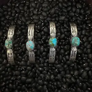 Native American Sterling Silver Stamped Turquoise Cuff Bracelet