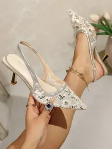 Women's Hollow Out Mesh High Heel Shoes, Pointed Toe Thin Heel, New Arrival Backless Strap Fashion Sandals, Trendy Evening Pumps