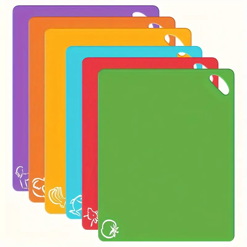 6-Piece Kitchen Plastic Chopping Board Set Extra-Thick Flexible Cutting Mats for Cooking Non-Slip Chopping Boards with Color-Coded Food Icons and Easy-Grip Handles Kitchenware, Dorm Supplies