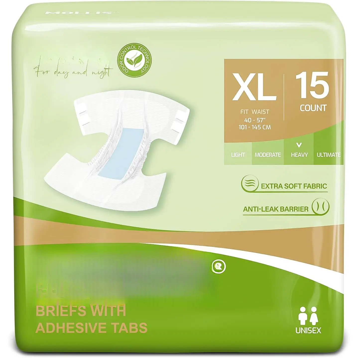 Adult Diapers for Women and Men, Unisex Disposable  Briefs with Tabs, Odor Control, XLarge, 15 Count