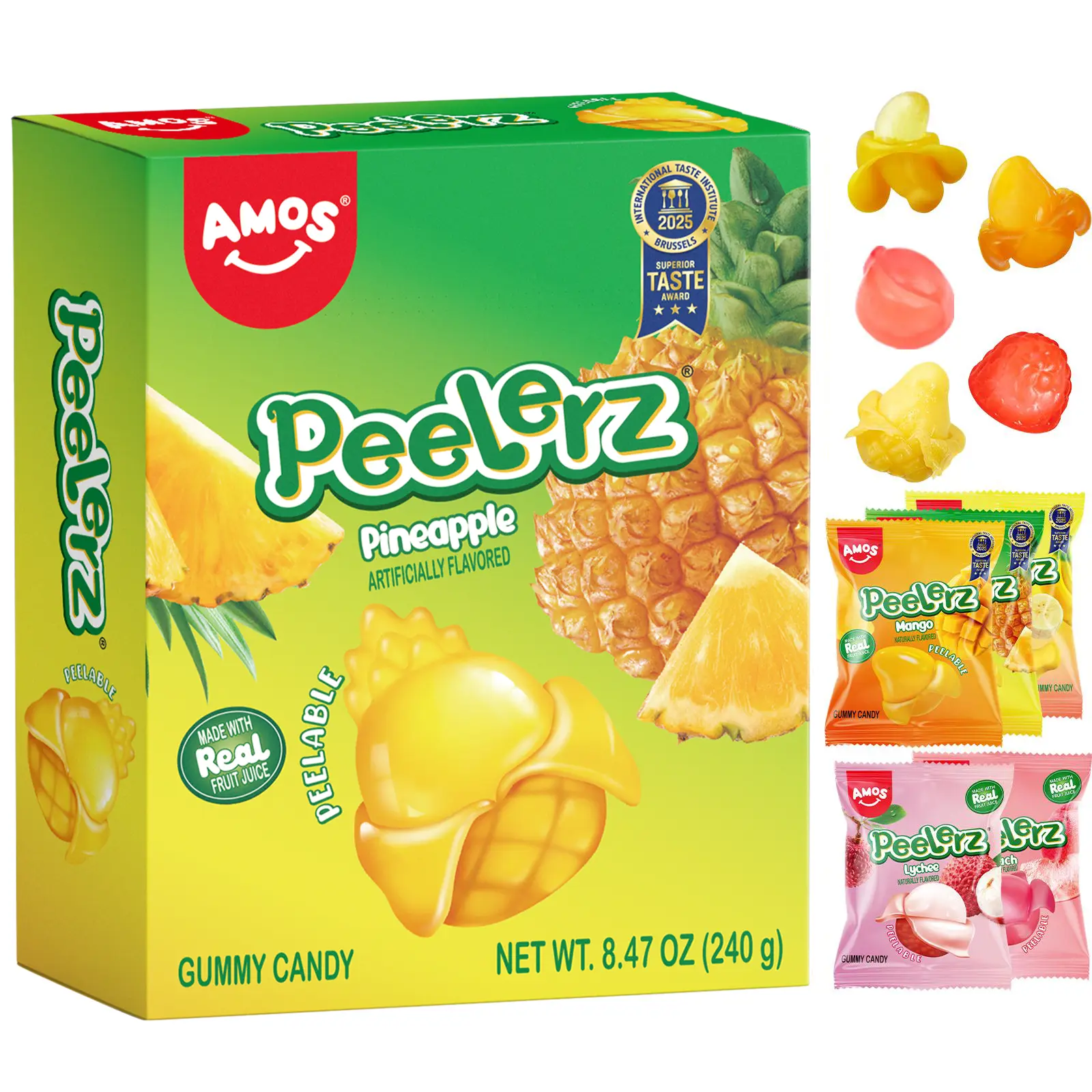 AMOS Peelerz Gomitas Pelables de Frutas Exóticas – 5 Sabores de Fruta (Mango, Durazno, Plátano, Piña y Lichi) + Mezcla de Frutos Rojos y Kiwi | 240 g (8.47 oz) | Envueltas Individualmente-MX