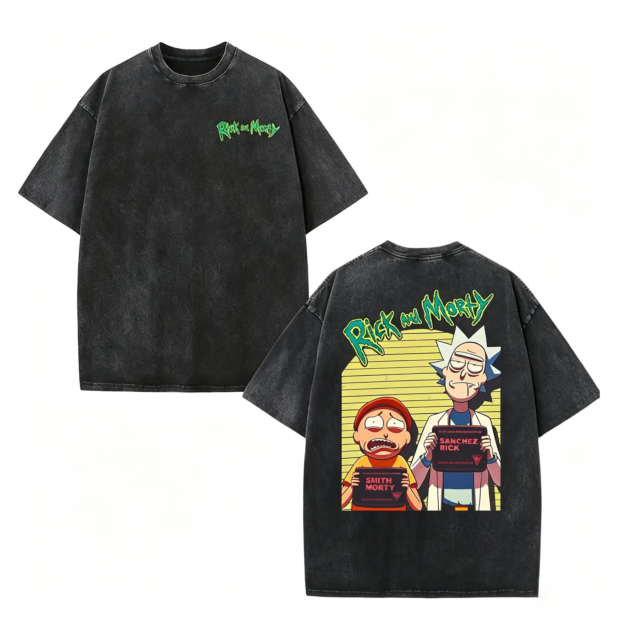 Rick And Morty Mugshot Washed OversizedTee - Retro Cartoon Streetwear, Shortsleeve,Casual, Menswear, Vintage
