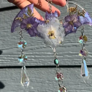 Sparkly Purple Pressed Floral Bat Sun Catcher for Hanging Decor