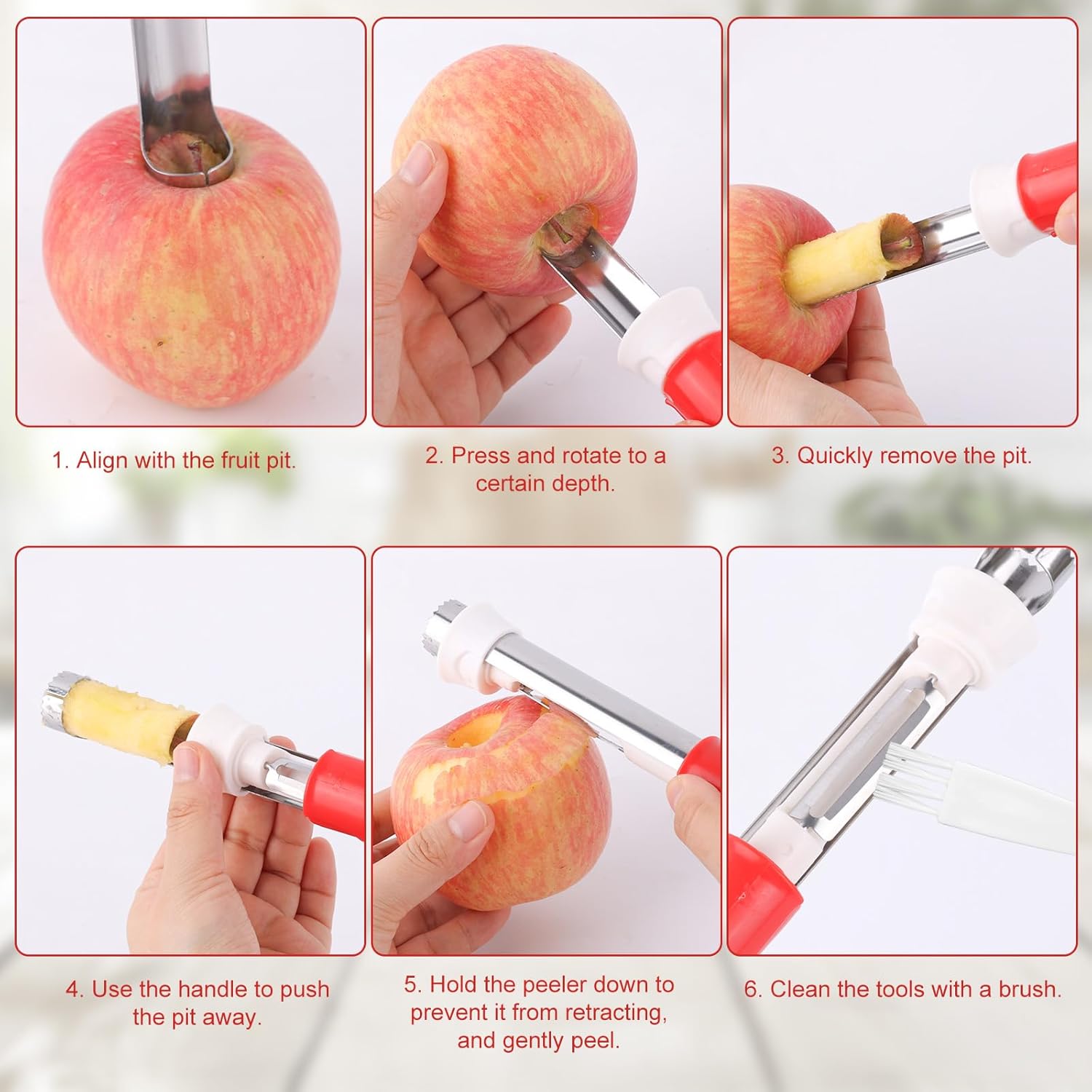 2-In-1 Apple Corer and Peeler Tool with Brush, Stainless Steel Vegetable Fruit Core Remover and Peeler Versatile Kitchen Gadgets Utensils for Cored Apples Pears Bell Peppers Potatoes