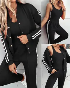 Women's 3 Piece Outfits Matching Sets Striped Tape Patch Tank Tops Button Front Jacket Cuffed Pants with Pockets Tracksuit Comfort Womenswear Athletic Baseball