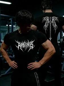 Men's Summer Tight-Fitting Short Sleeve Y2K Thorn Wings Print Breathable Quick-Dry Fitness Shirt, Ideal for Running Training Sports Top, Fitness Outfits, Gym Top