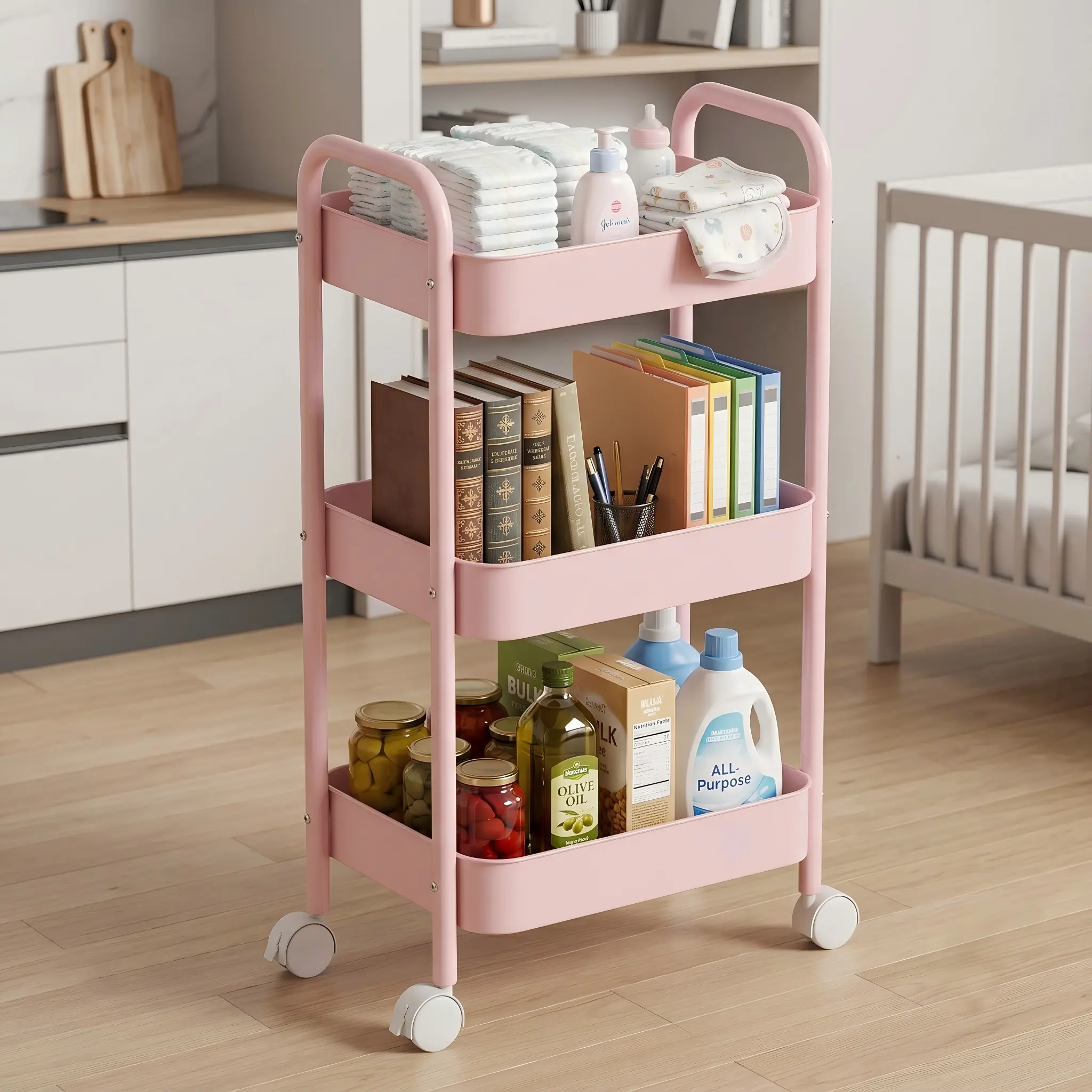 Heavy Duty 3 Tier Metal Rolling Storage Cart - Versatile Room Organizer & Utility Cart with Wheels for Kitchen Pantry, Nursery Diaper Storage, Office Desk & Bathroom. Rust-Resistant Mesh Baskets
