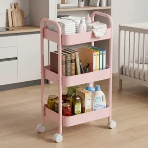 Heavy Duty 3 Tier Metal Rolling Storage Cart - Versatile Room Organizer & Utility Cart with Wheels for Kitchen Pantry, Nursery Diaper Storage, Office Desk & Bathroom. Rust-Resistant Mesh Baskets