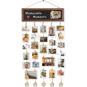Hanging Photo Display with 30 Clips and Blackboard, Rustic Wood Picture Frames Collage for Wall Decor, Vintage Dorm Room Bedroom Home Decor, Gifts for Women, Teens and Girls