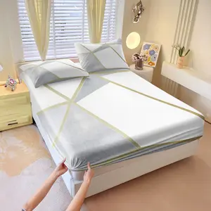 3Pcs Modern Geometric Line Fitted Sheet Set, Minimalist Luxury Design, Non-slip Fit Skin-friendly Breathable, Ideal for Modern Bedroom Daily Use