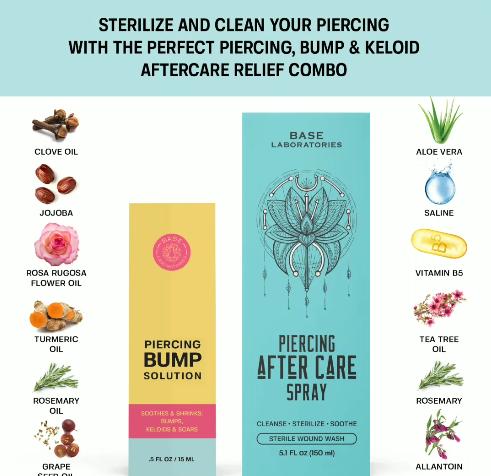 Base Laboratories Piercing Aftercare  Kit - 4oz Sea Salt Spray & 0.5oz  Bump Oil - Soothing & Shrink Keloids  - All-Natural Piercing Care Solution