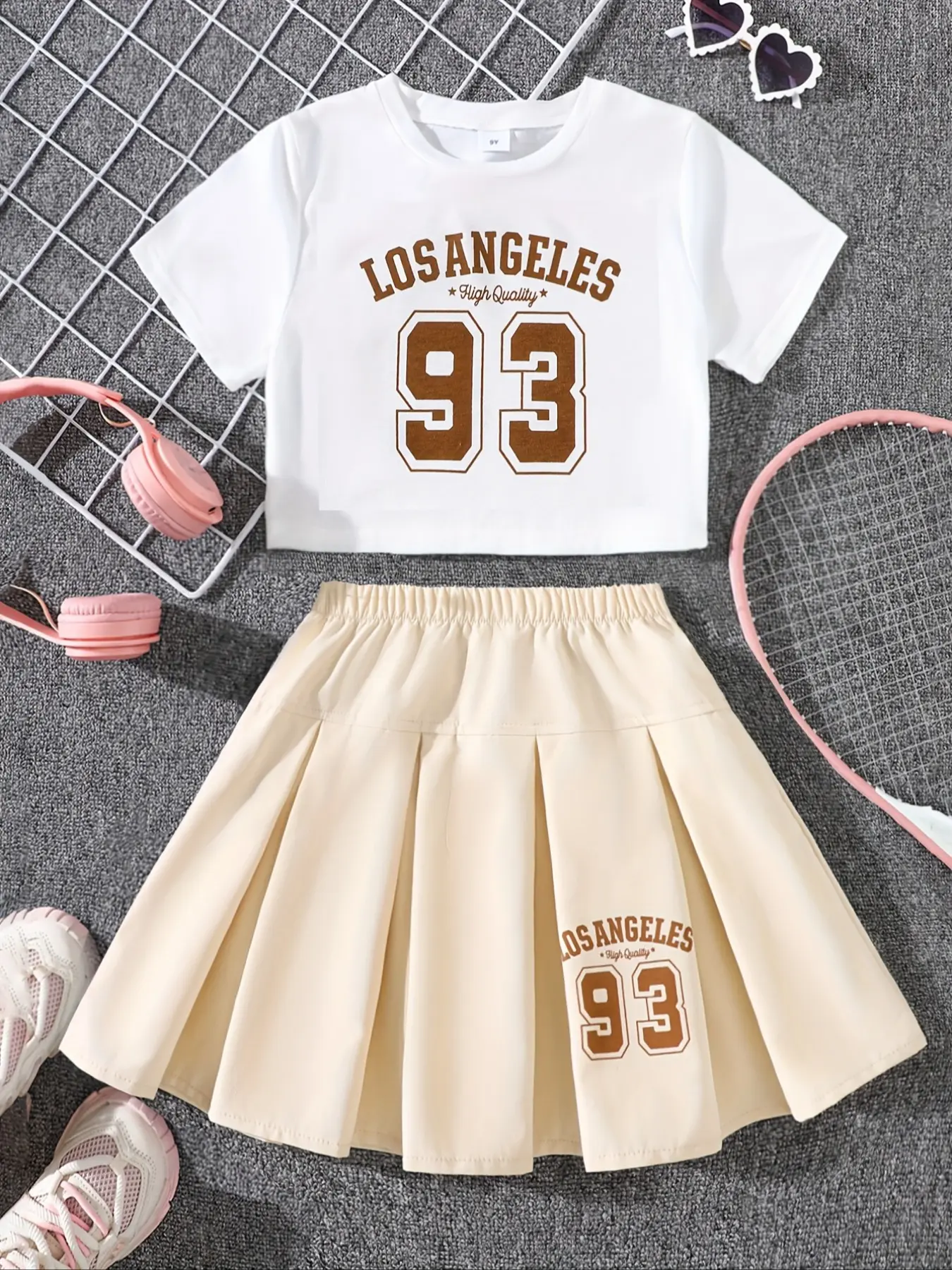 Girls' Set Los Angeles 93 Number Print Short T-Shirt + Pleated Skirt, Casual Daily, Fashion Trend Two-Piece Clothing, Graphic Print Set