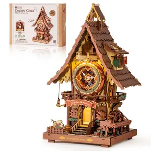 ROBOTIME 3D Wooden Puzzles for Adults-Cuckoo Clock Wooden Models for Adults to Build-435 Piece Model Kit with 2 Lights-Gift for Craft Enthusiast Model Building Set (LC901C Colourful)