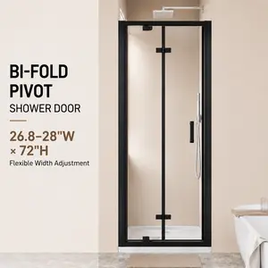 28" W x 72" H Framed Bi-Fold Pivot Shower Door, Space-Saving Folding Shower Enclosure, 1/4" Clear Tempered Glass, Stainless Steel Handle, Reversible Installation, Black
