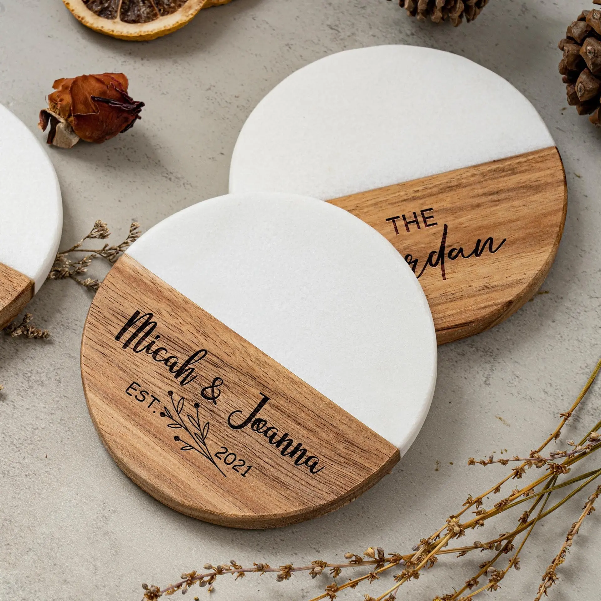 Personalized Marble Wood Coaster Set, Custom Engraved Names, Wedding Anniversary Gift