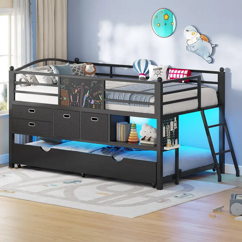 [TiktokShopStockUp] Sikaic Twin Low Loft Bed with Trundle, LED Lights, Storage Drawers & Open Cubbies, Loft Bed with DIY Pegboard, Safety Guardrail and Under-Bed Play Area, Space-Saving Twin Bed Frame, Home Furniture Christmas Gifts